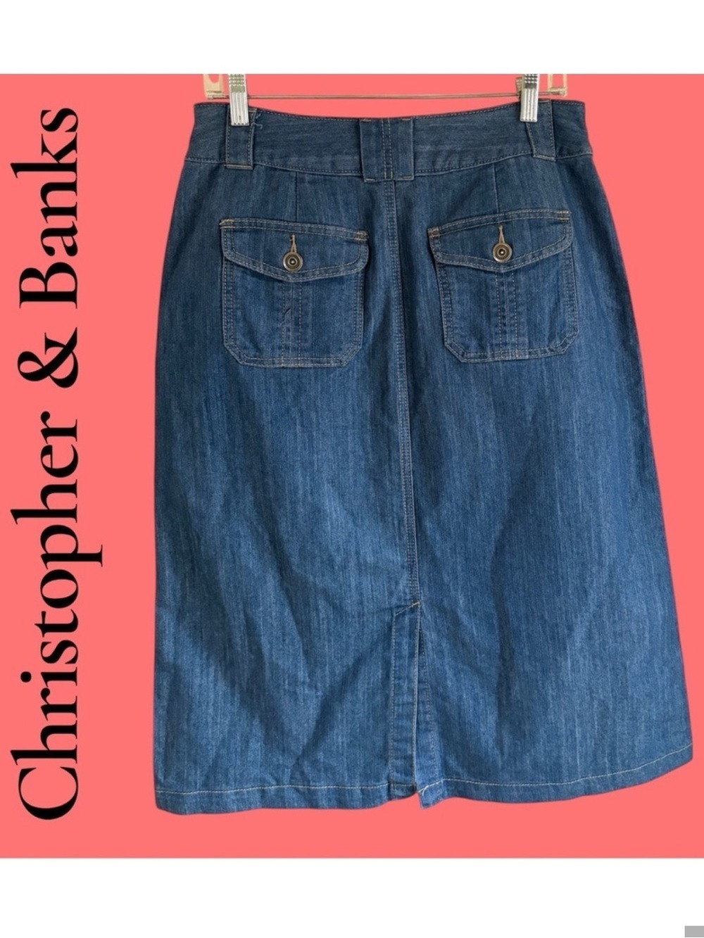 Christopher & Banks Denim Midi Skirt Size 8. Stretch Blue Jean Modest 30". EUC!!